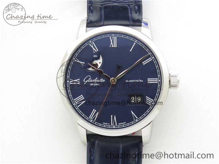 Excellence Panorama Date Moon Phase SS V9F Blue Dial on Blue Leather Strap A100