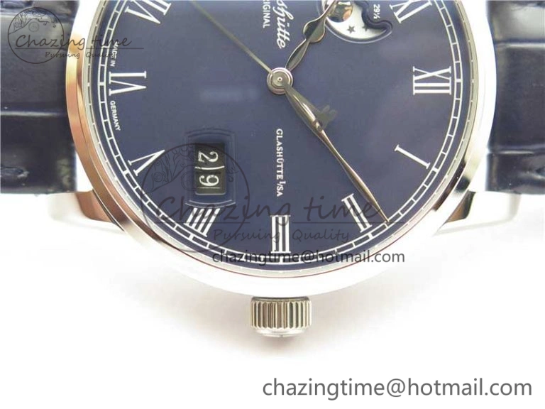 Excellence Panorama Date Moon Phase SS V9F Blue Dial on Blue Leather Strap A100