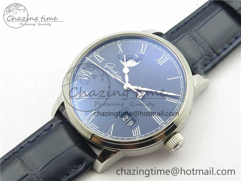 Excellence Panorama Date Moon Phase SS V9F Blue Dial on Blue Leather Strap A100