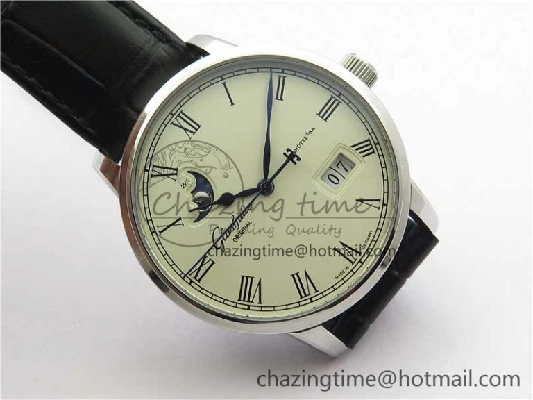 Excellence Panorama Date Moon Phase SS V9F White Dial on Black Leather Strap A100