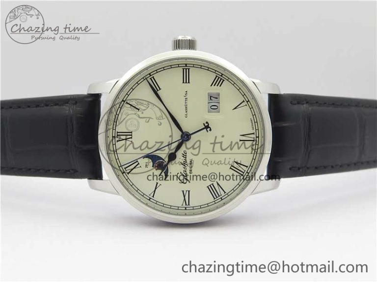 Excellence Panorama Date Moon Phase SS V9F White Dial on Black Leather Strap A100