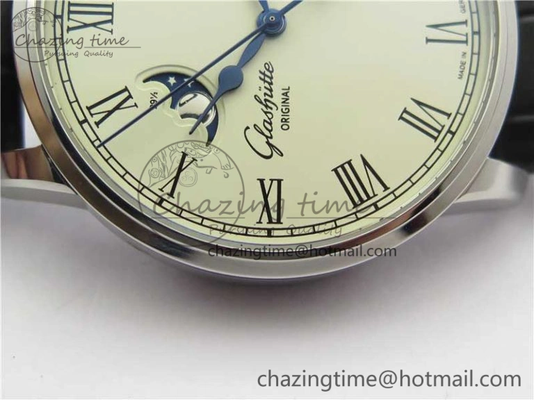Excellence Panorama Date Moon Phase SS V9F White Dial on Black Leather Strap A100