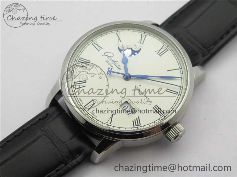 Excellence Panorama Date Moon Phase SS V9F White Dial on Black Leather Strap A100