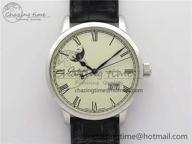 Excellence Panorama Date Moon Phase SS V9F White Dial on Black Leather Strap A100