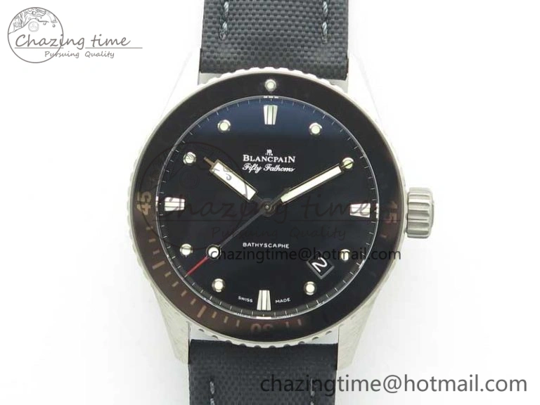 Fifty Fathoms Bathyscaphe 43mm SS GF 1:1 Best Edition Black Dial on Sail-canvas Strap A1315