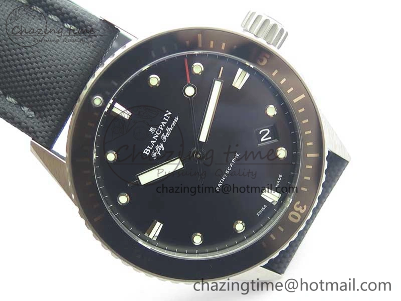 Fifty Fathoms Bathyscaphe 43mm SS GF 1:1 Best Edition Black Dial on Sail-canvas Strap A1315