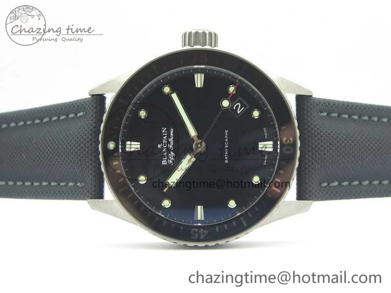 Fifty Fathoms Bathyscaphe 43mm SS GF 1:1 Best Edition Black Dial on Sail-canvas Strap A1315