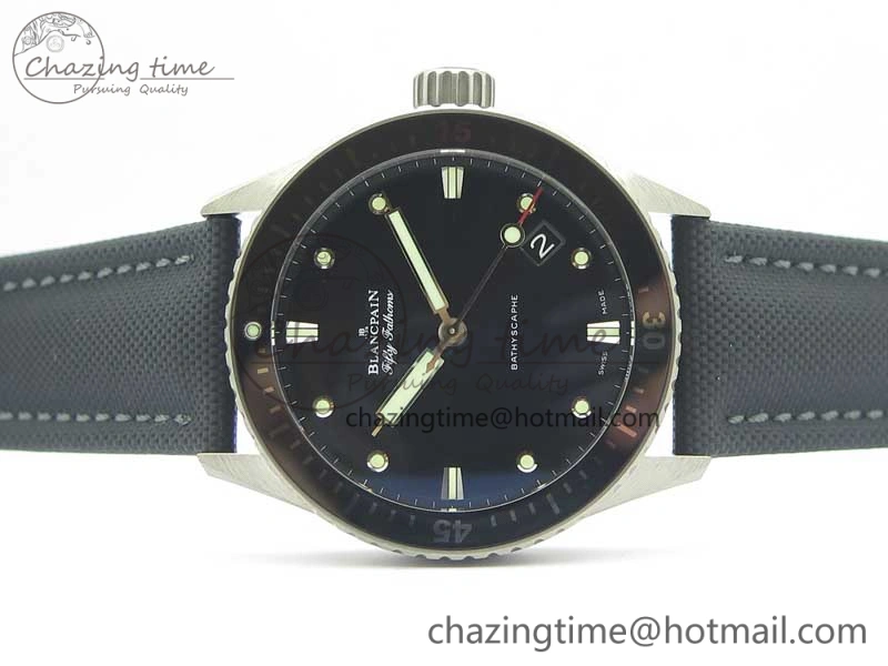 Fifty Fathoms Bathyscaphe 43mm SS GF 1:1 Best Edition Black Dial on Sail-canvas Strap A1315