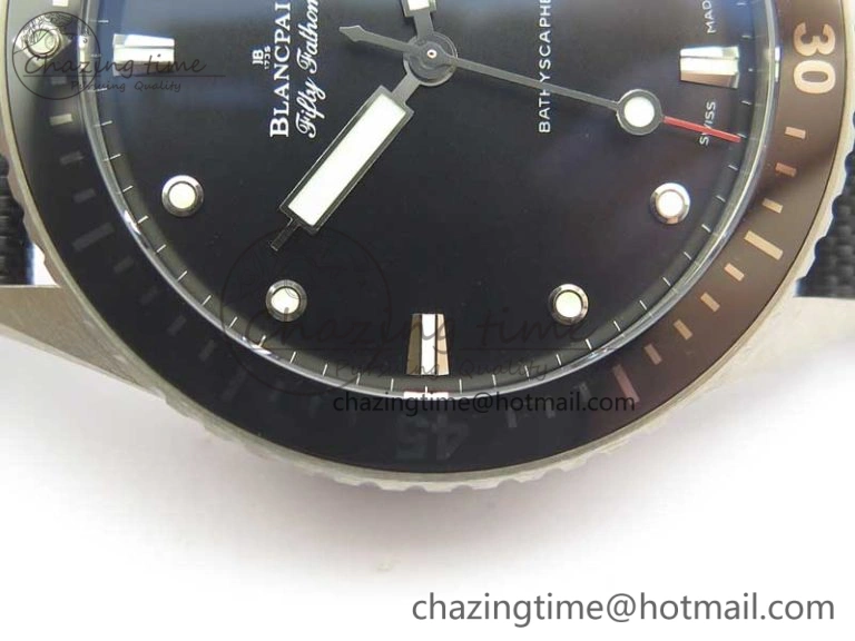Fifty Fathoms Bathyscaphe 43mm SS GF 1:1 Best Edition Black Dial on Sail-canvas Strap A1315