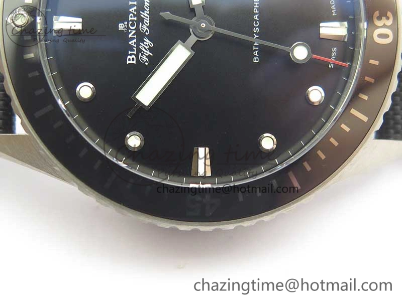 Fifty Fathoms Bathyscaphe 43mm SS GF 1:1 Best Edition Black Dial on Sail-canvas Strap A1315