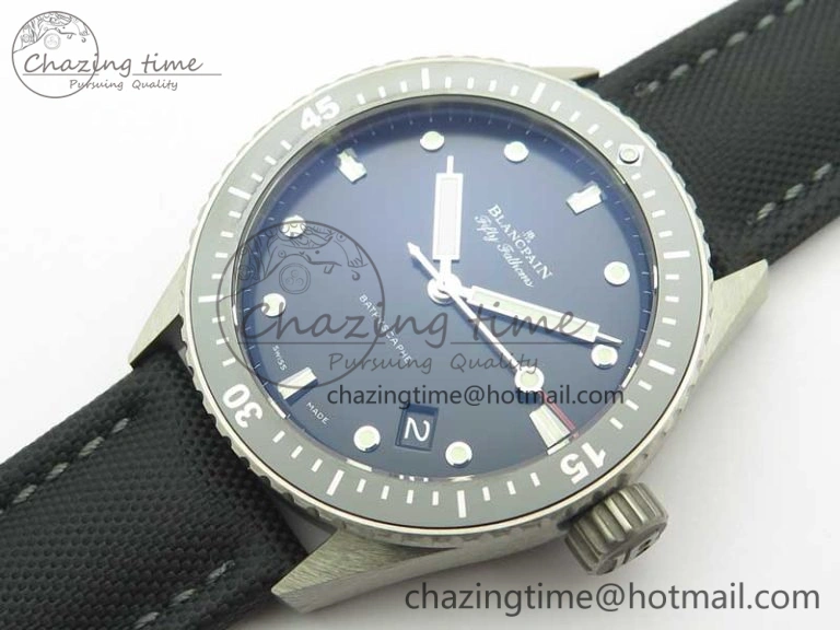 Fifty Fathoms Bathyscaphe 43mm SS GF 1:1 Best Edition Black Dial on Sail-canvas Strap A1315