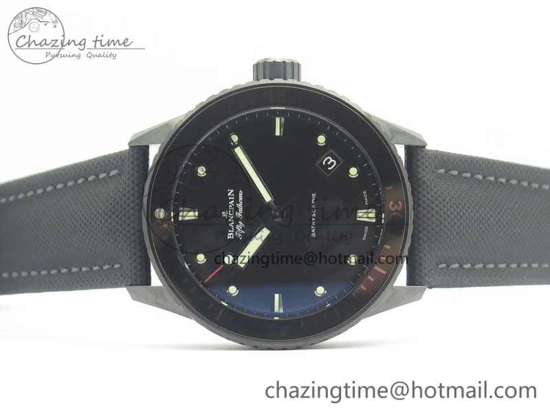 Fifty Fathoms Bathyscaphe Black Ceramic GF 1:1 Best Edition Black Dial on Black Sail-Canvas Strap A1315 (Free Rubber Strap)