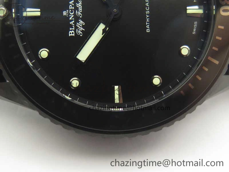 Fifty Fathoms Bathyscaphe Black Ceramic GF 1:1 Best Edition Black Dial on Black Sail-Canvas Strap A1315 (Free Rubber Strap)