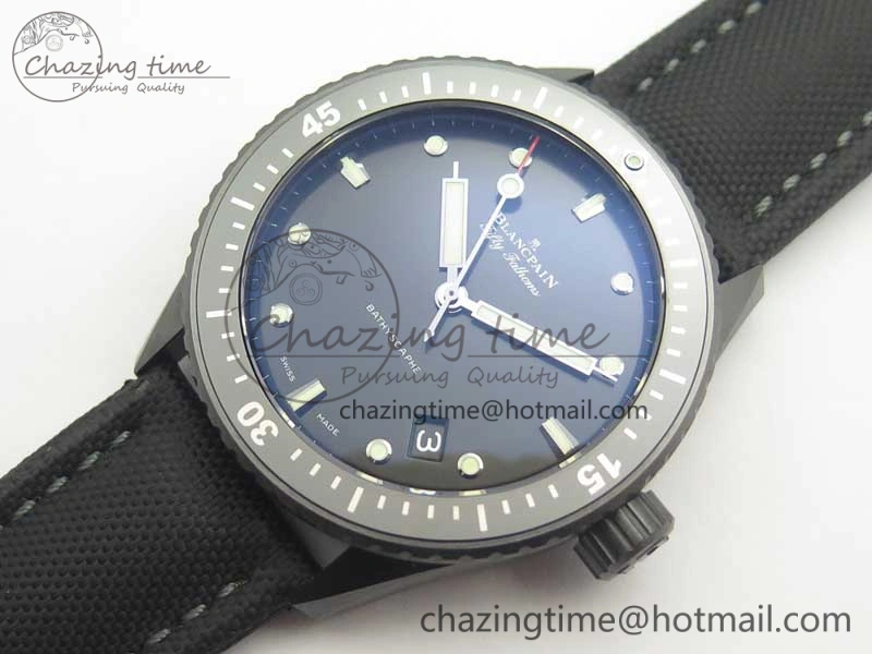 Fifty Fathoms Bathyscaphe Black Ceramic GF 1:1 Best Edition Black Dial on Black Sail-Canvas Strap A1315 (Free Rubber Strap)