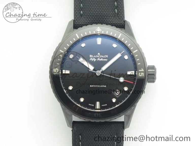 Fifty Fathoms Bathyscaphe Black Ceramic GF 1:1 Best Edition Black Dial on Black Sail-Canvas Strap A1315 (Free Rubber Strap)