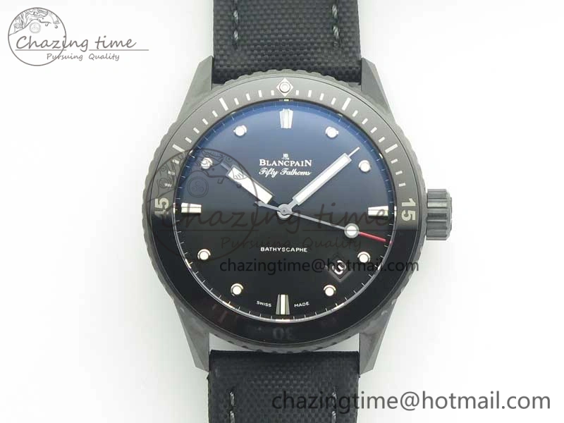Fifty Fathoms Bathyscaphe Black Ceramic GF 1:1 Best Edition Black Dial on Black Sail-Canvas Strap A1315 (Free Rubber Strap)