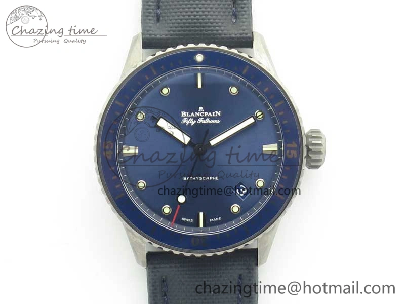 Fifty Fathoms Bathyscaphe Ceramic ZF 1:1 Best Edition Blue Dial on Blue Sail-Canvas Strap A1315