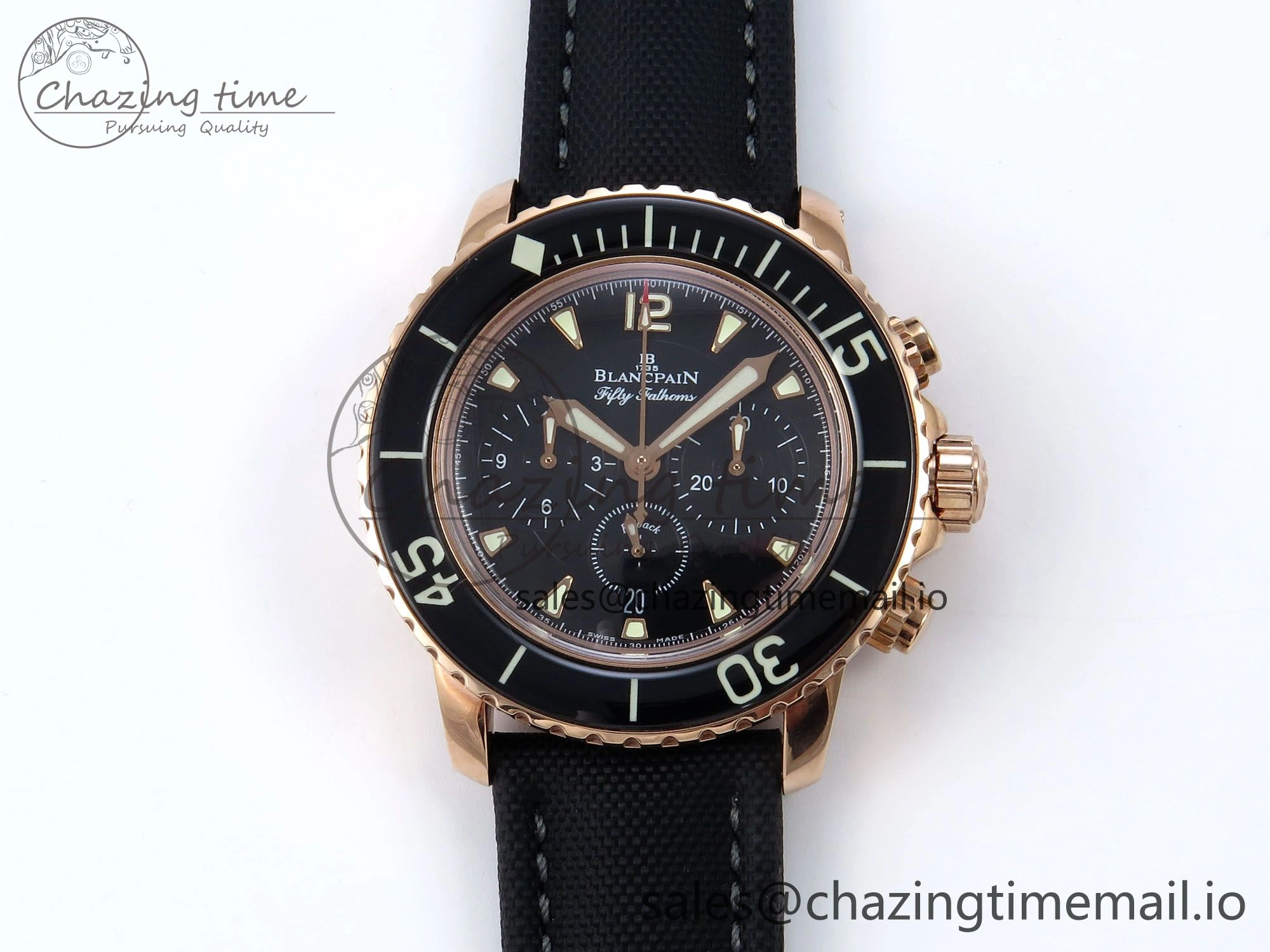 Fifty Fathoms Chrono RG OMF 1:1 Best Edition Black Dial on Black Sail-canvas Strap A7750