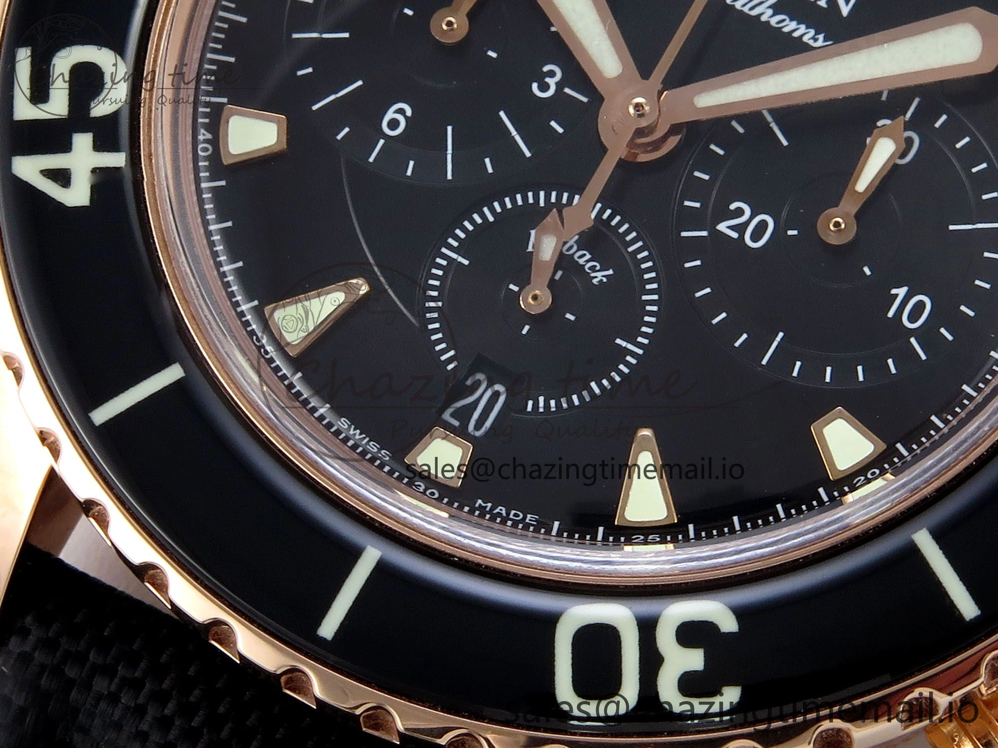 Fifty Fathoms Chrono RG OMF 1:1 Best Edition Black Dial on Black Sail-canvas Strap A7750