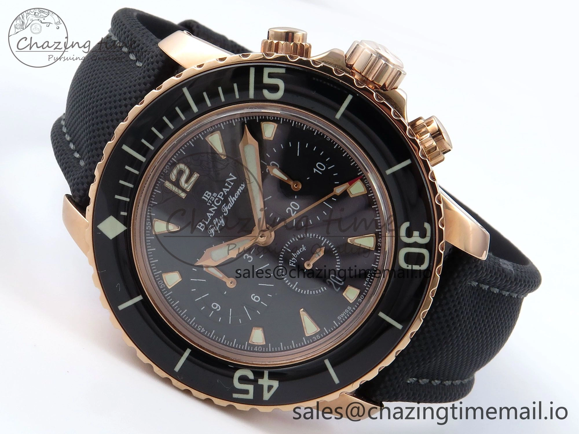 Fifty Fathoms Chrono RG OMF 1:1 Best Edition Black Dial on Black Sail-canvas Strap A7750