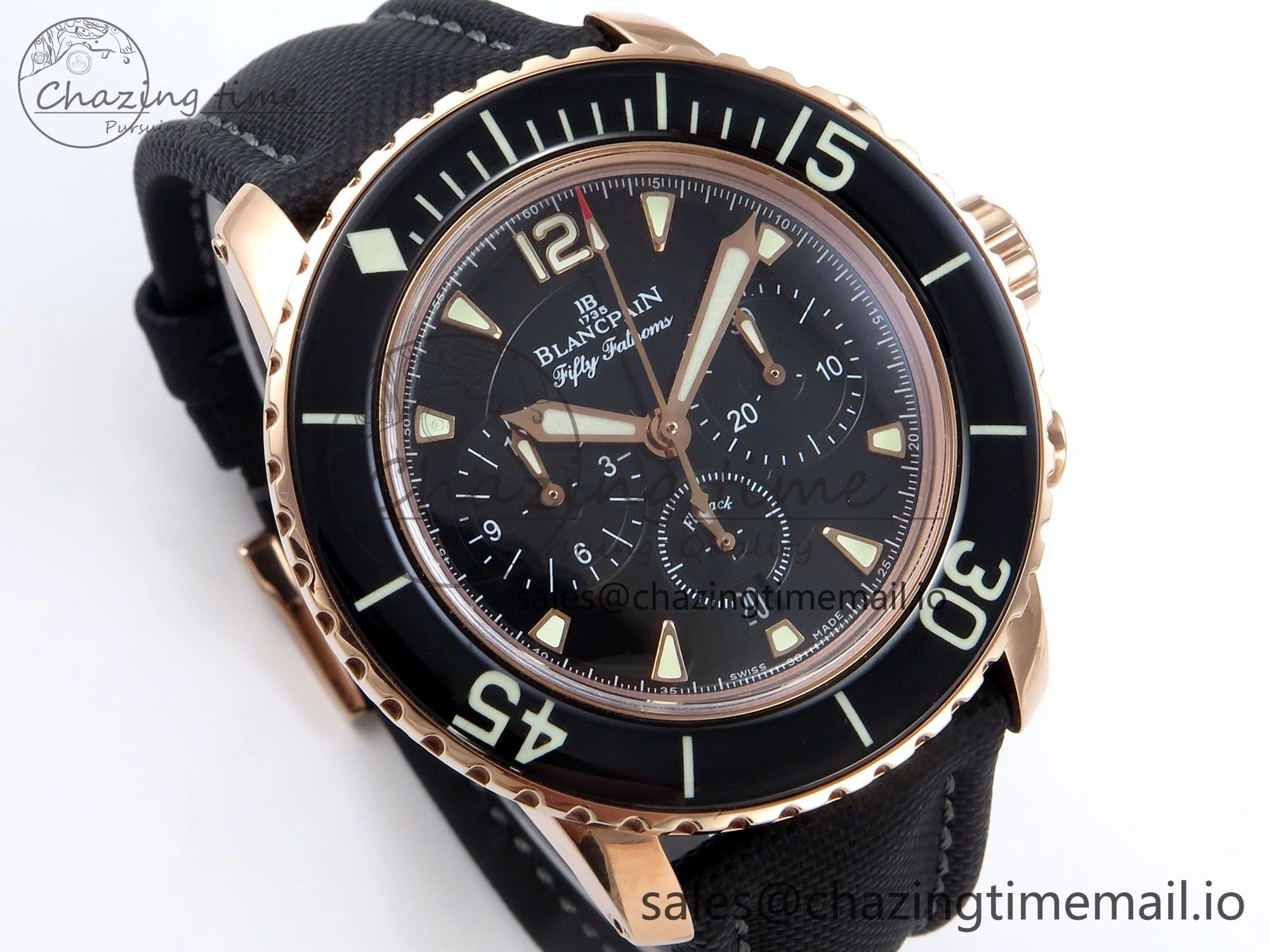 Fifty Fathoms Chrono RG OMF 1:1 Best Edition Black Dial on Black Sail-canvas Strap A7750