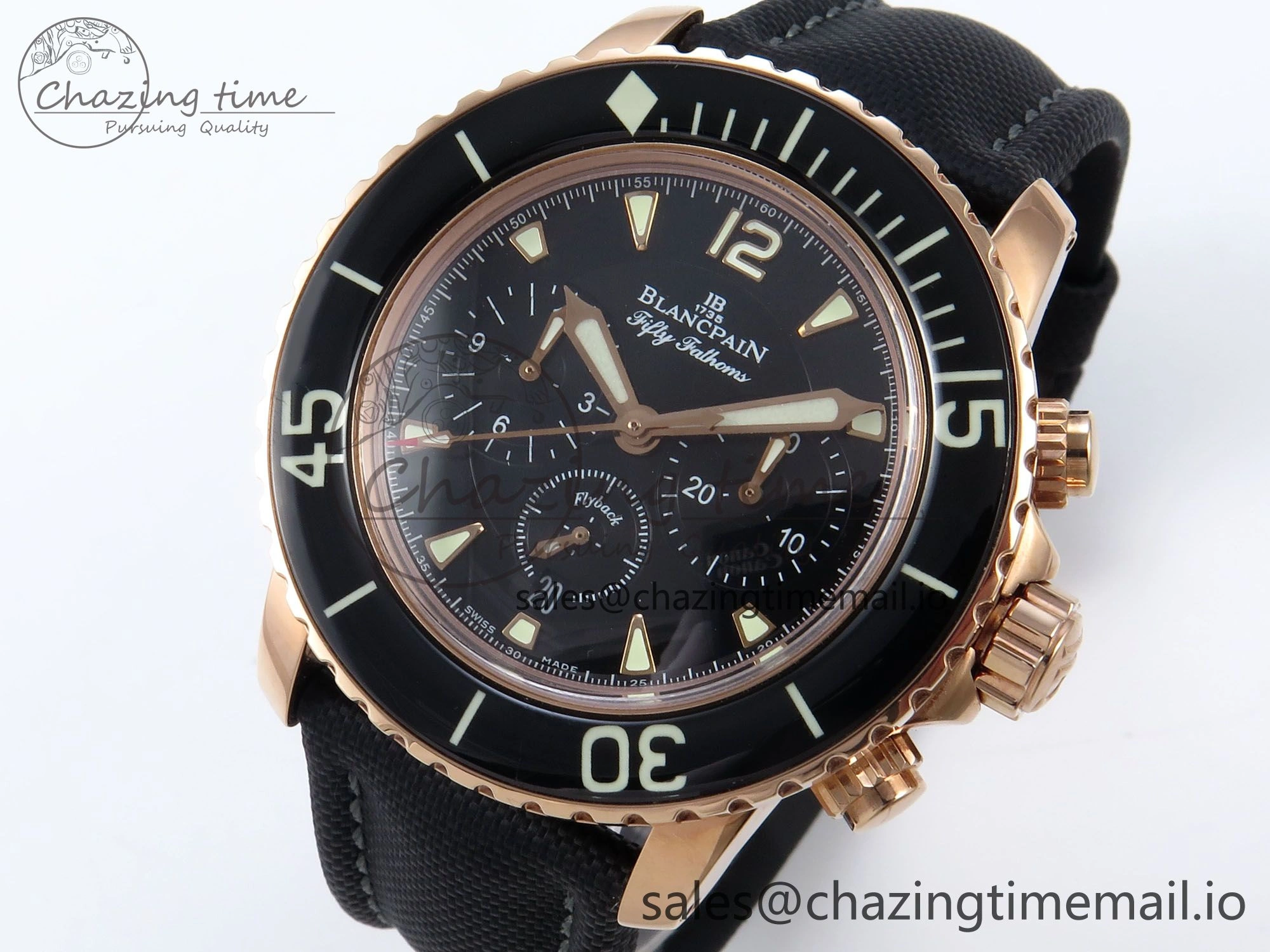 Fifty Fathoms Chrono RG OMF 1:1 Best Edition Black Dial on Black Sail-canvas Strap A7750