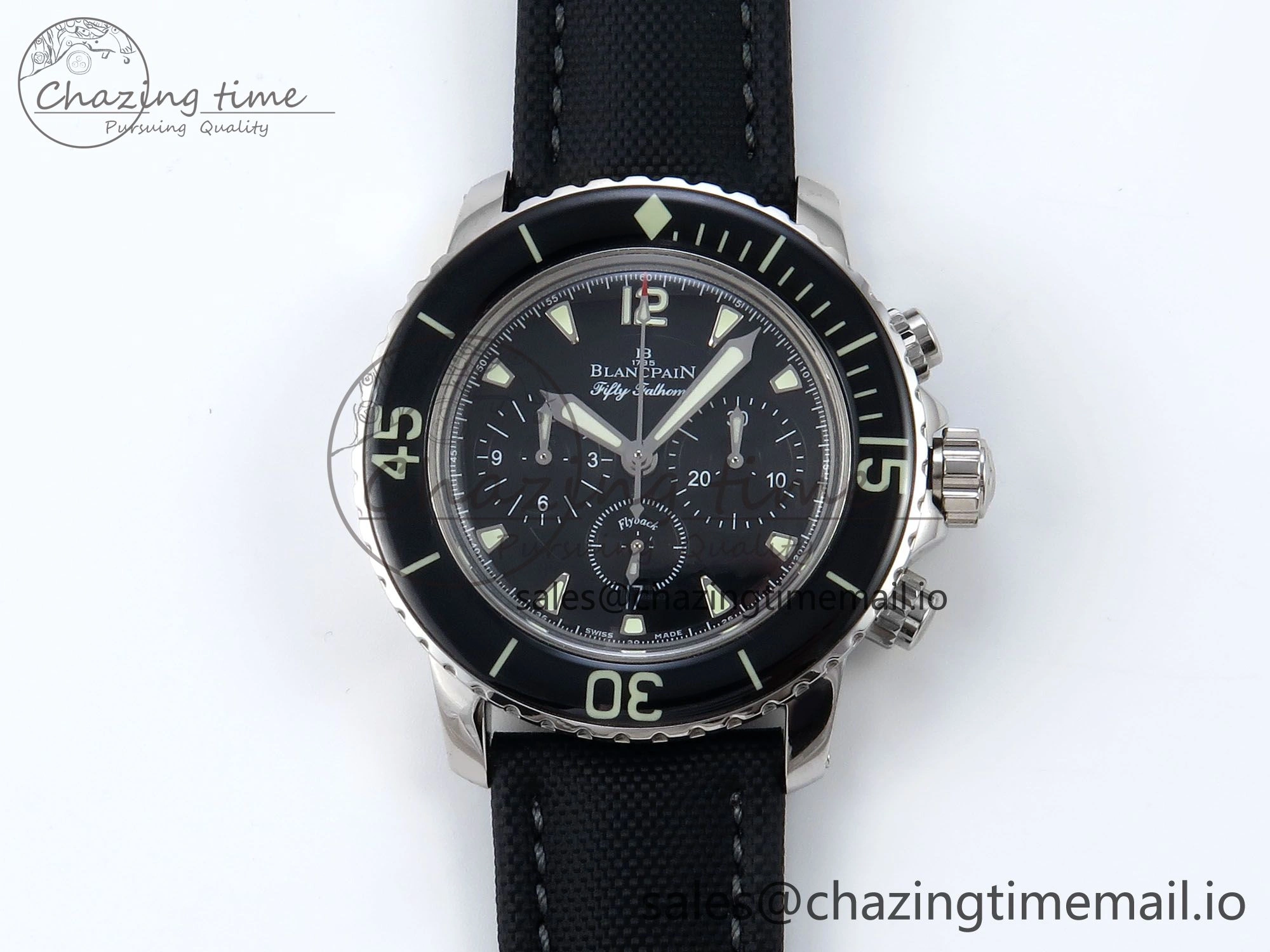 Fifty Fathoms Chrono SS OMF 1:1 Best Edition Black Dial on Black Sail-canvas Strap A7750