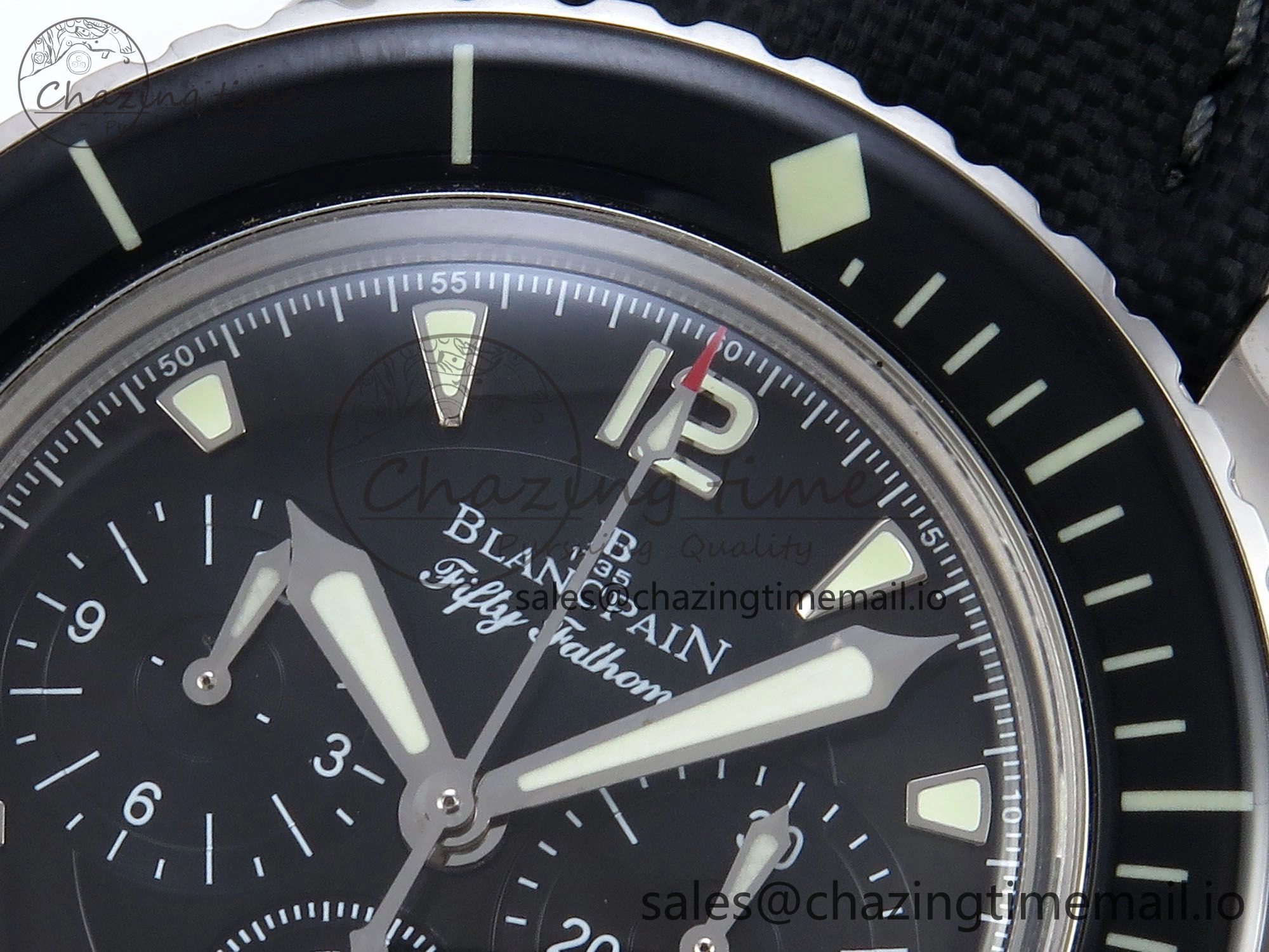 Fifty Fathoms Chrono SS OMF 1:1 Best Edition Black Dial on Black Sail-canvas Strap A7750