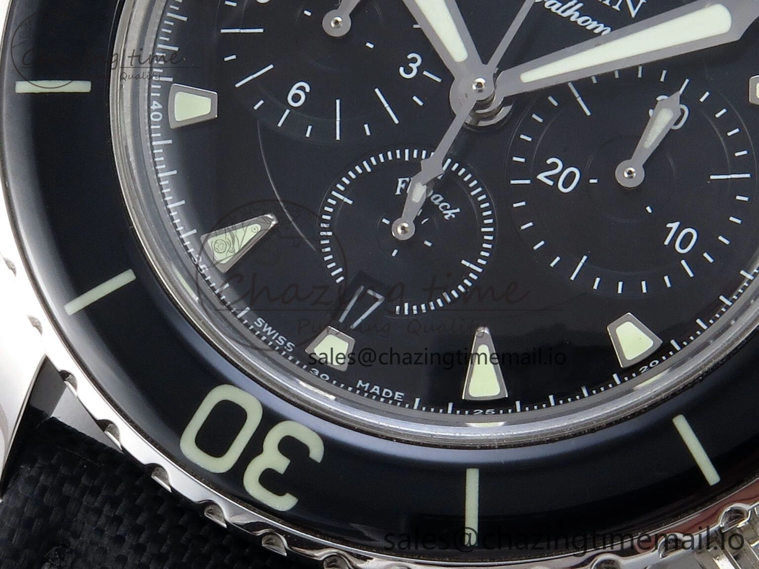 Fifty Fathoms Chrono SS OMF 1:1 Best Edition Black Dial on Black Sail-canvas Strap A7750