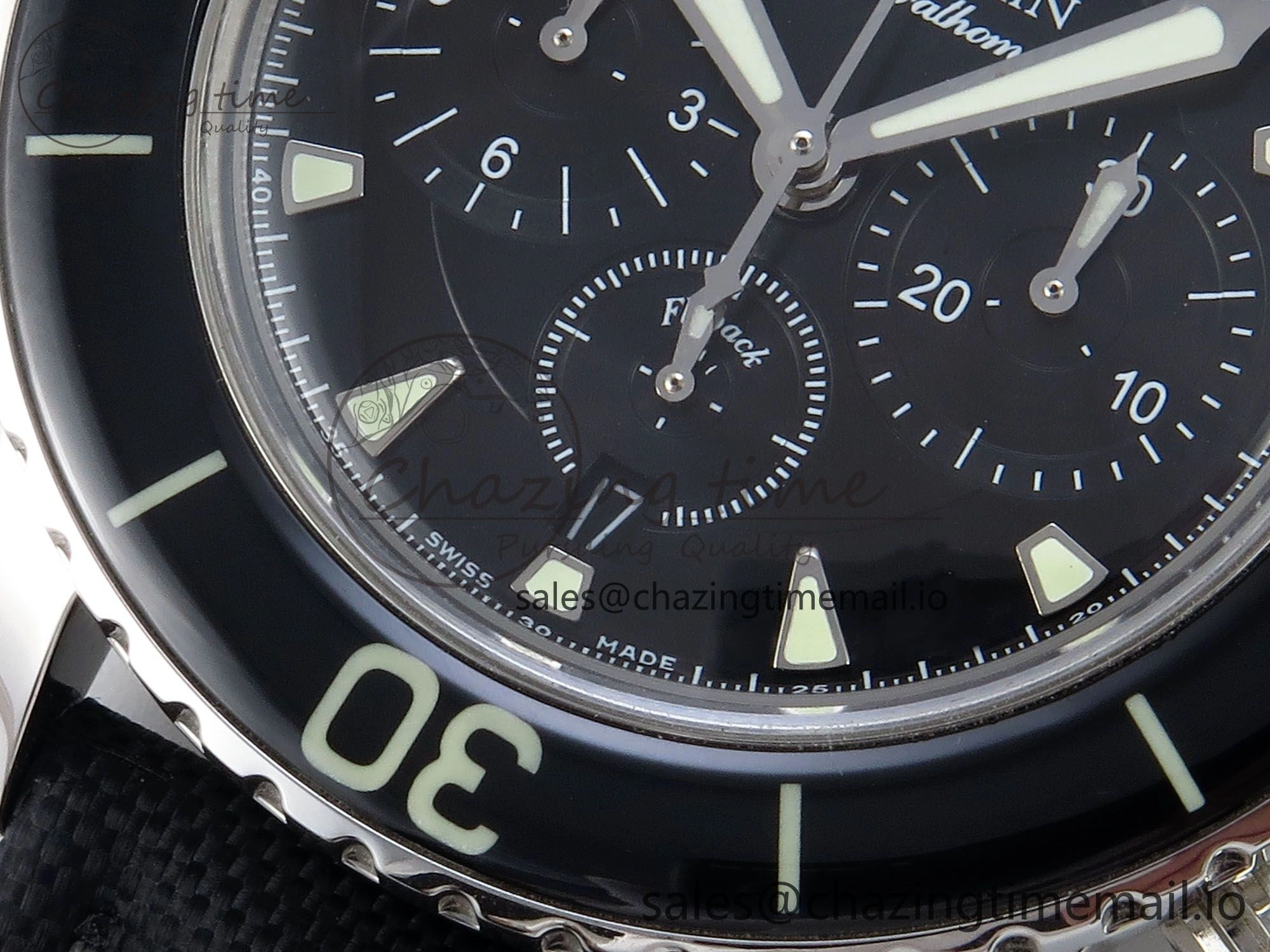 Fifty Fathoms Chrono SS OMF 1:1 Best Edition Black Dial on Black Sail-canvas Strap A7750
