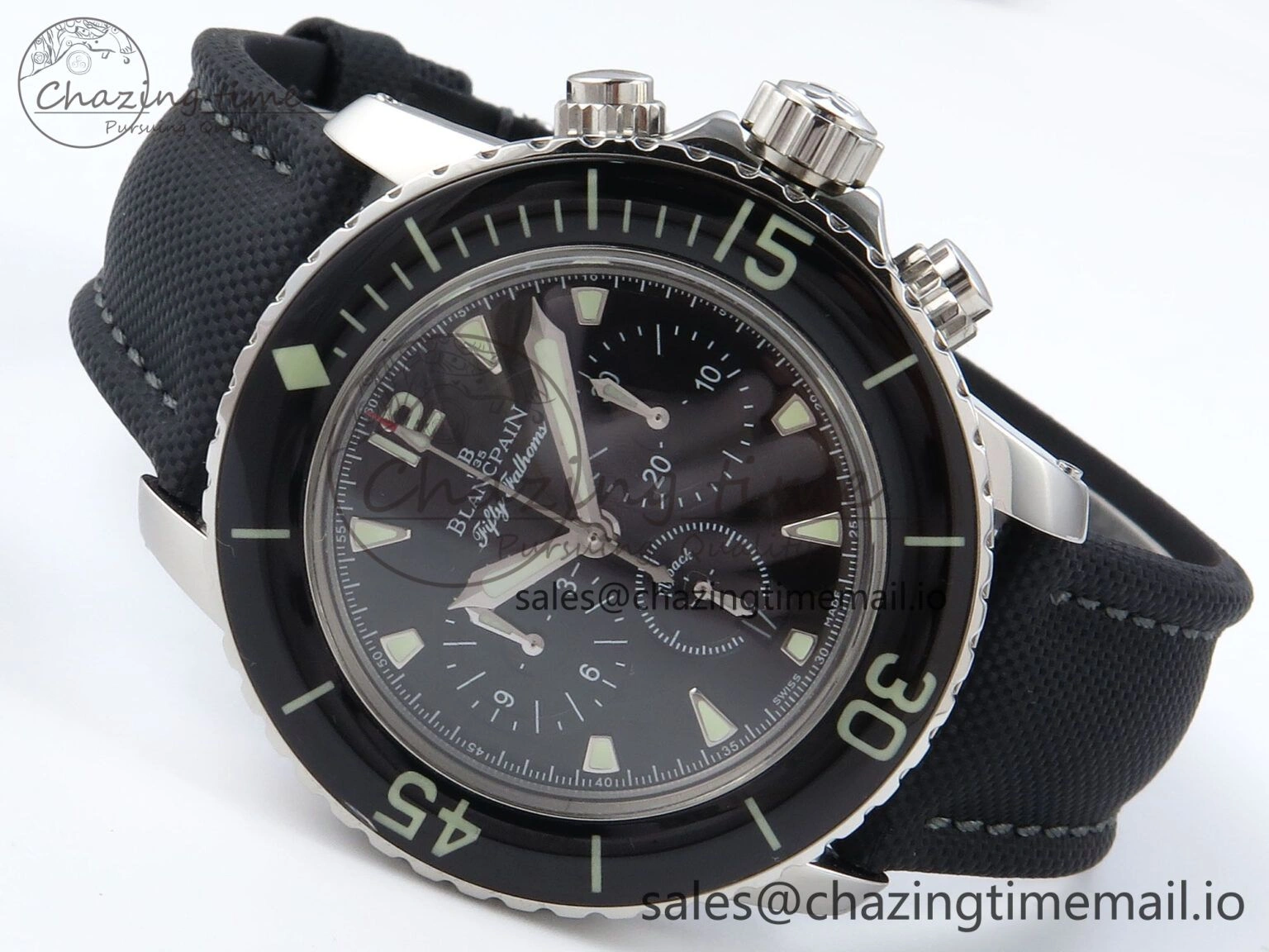 Fifty Fathoms Chrono SS OMF 1:1 Best Edition Black Dial on Black Sail-canvas Strap A7750