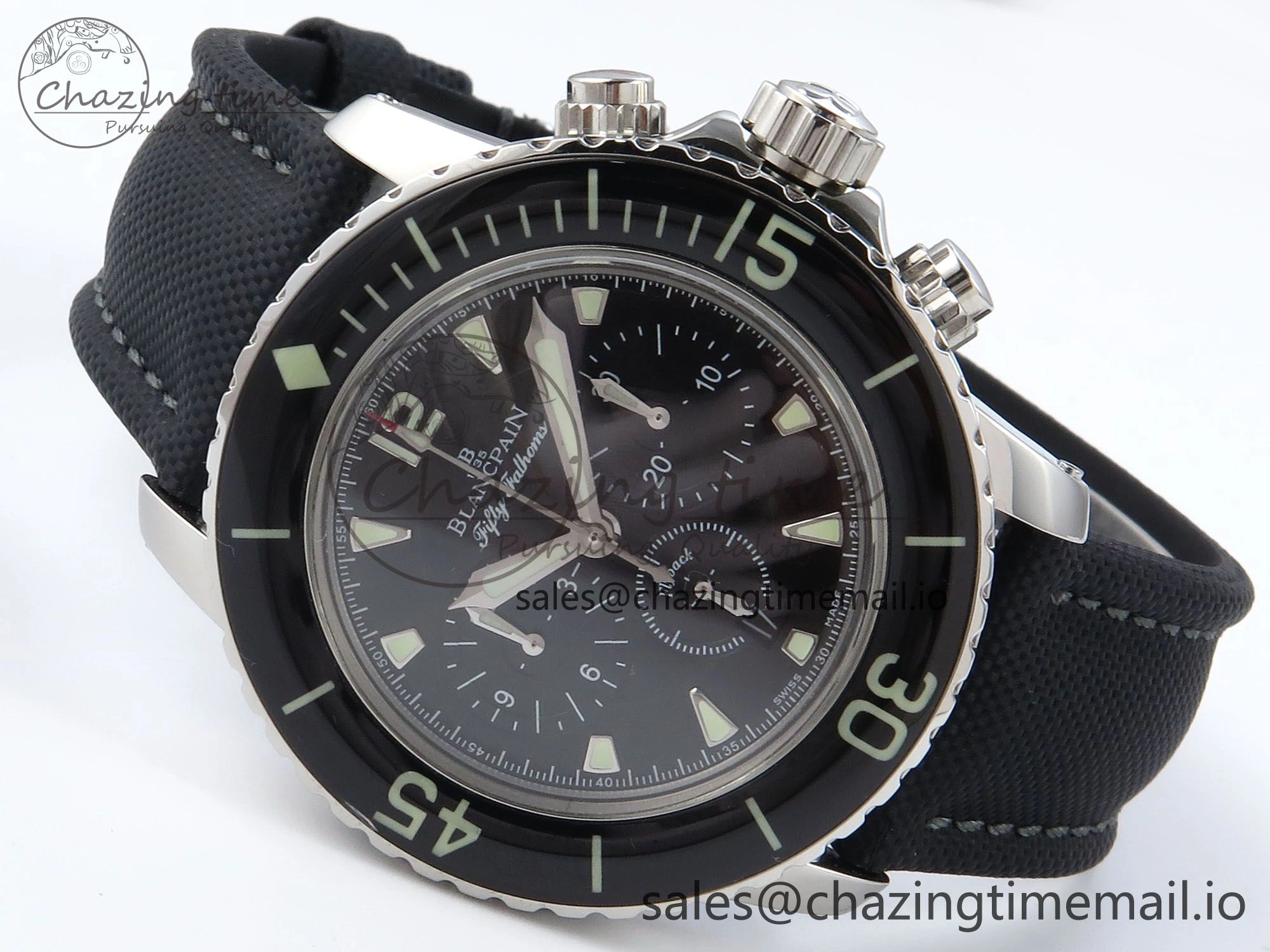 Fifty Fathoms Chrono SS OMF 1:1 Best Edition Black Dial on Black Sail-canvas Strap A7750