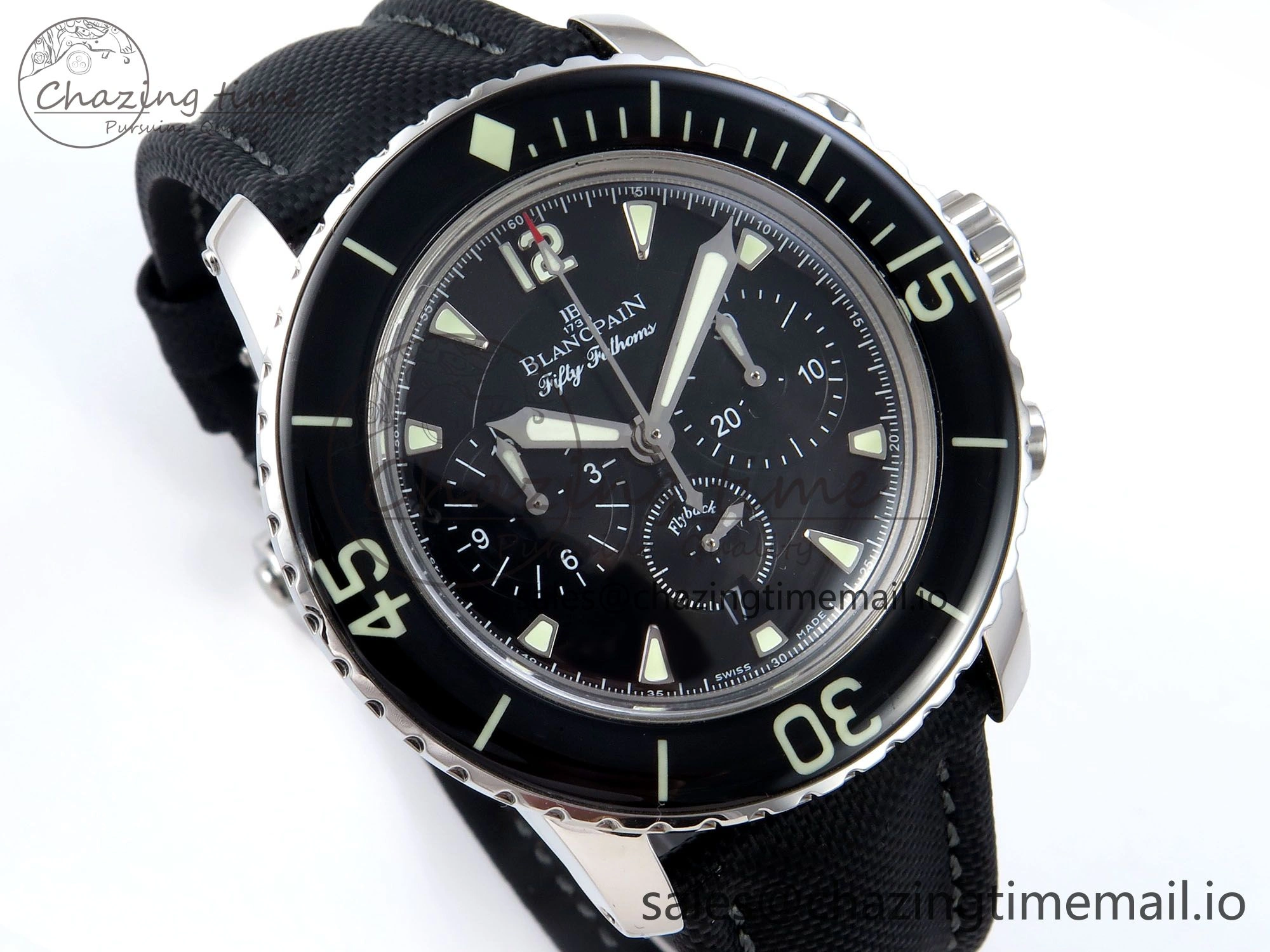 Fifty Fathoms Chrono SS OMF 1:1 Best Edition Black Dial on Black Sail-canvas Strap A7750