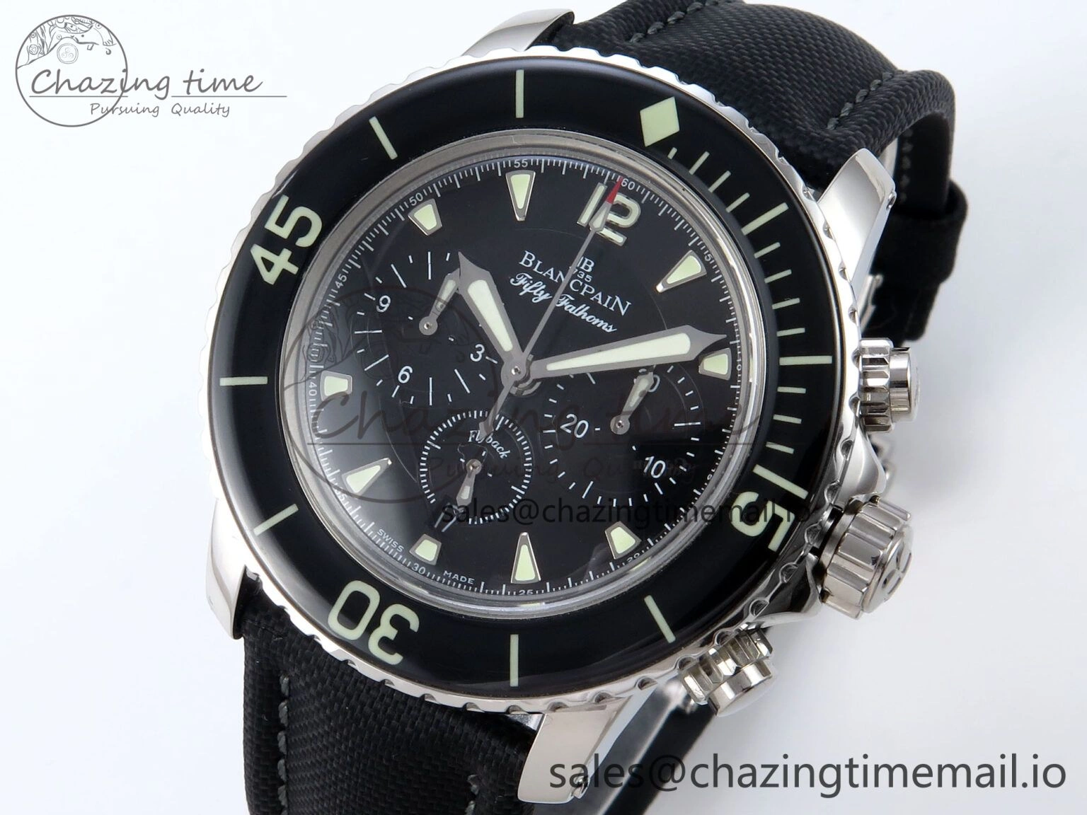 Fifty Fathoms Chrono SS OMF 1:1 Best Edition Black Dial on Black Sail-canvas Strap A7750
