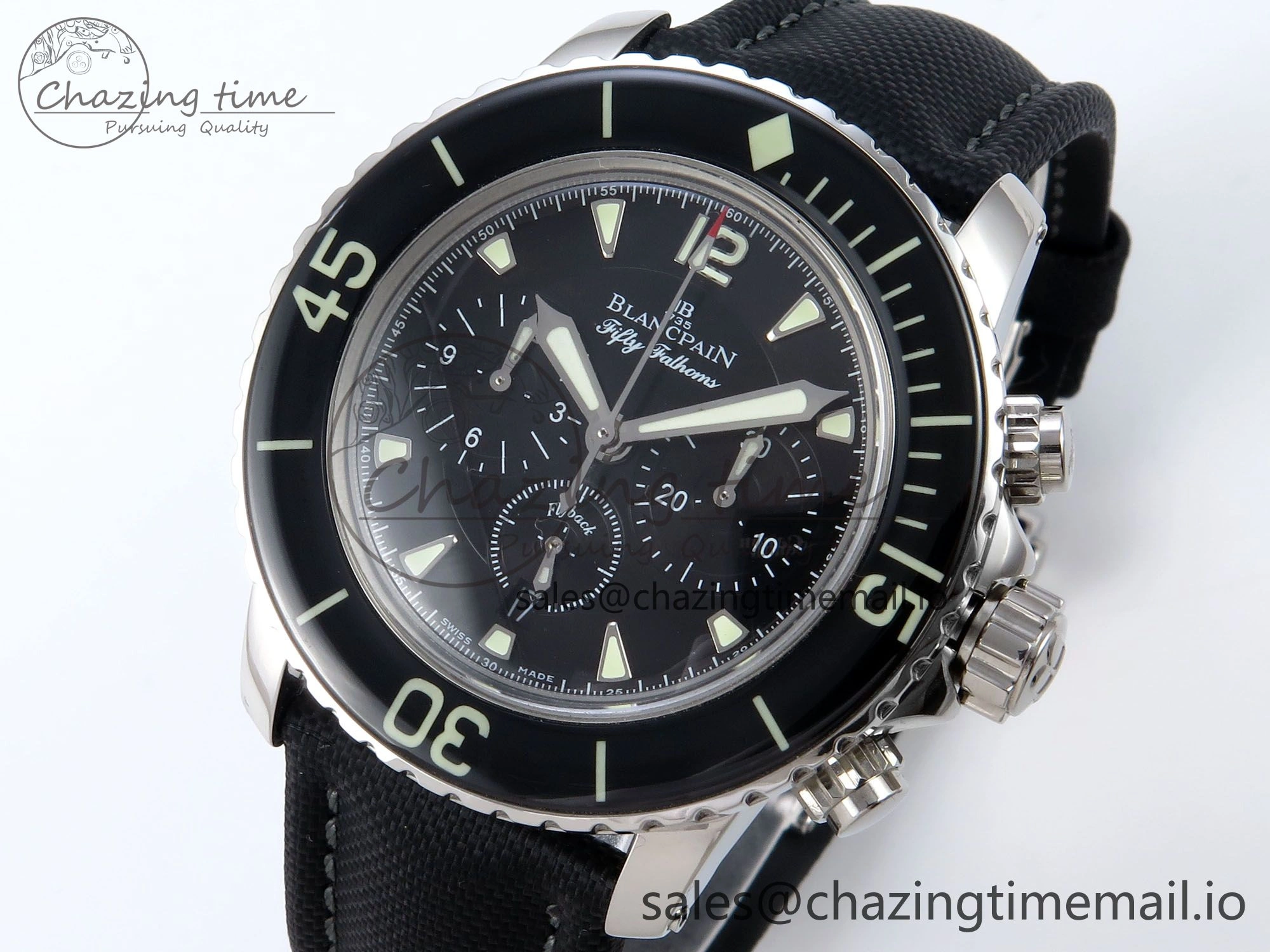 Fifty Fathoms Chrono SS OMF 1:1 Best Edition Black Dial on Black Sail-canvas Strap A7750