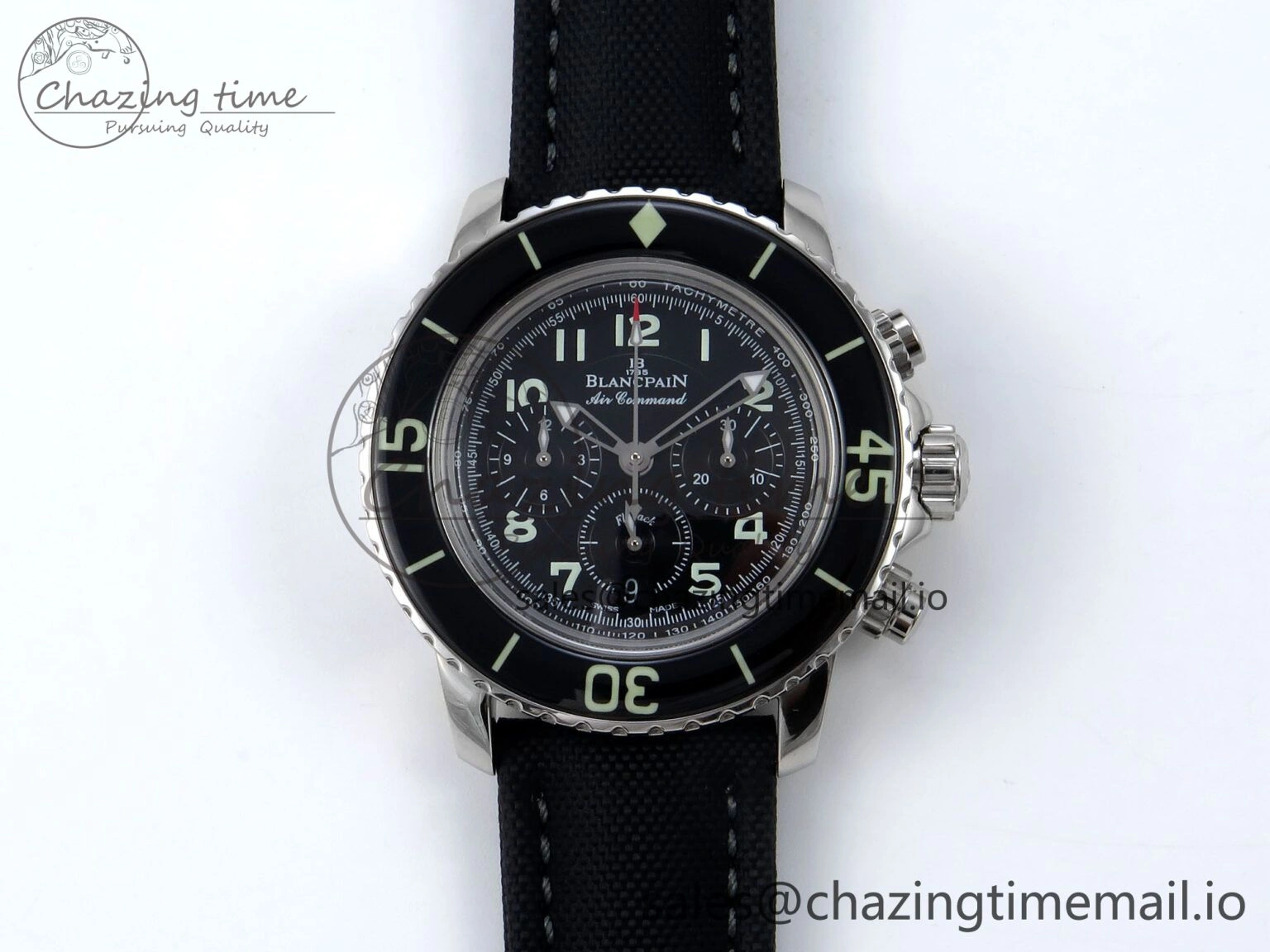 Fifty Fathoms Chrono SS OMF 1:1 Best Edition Black Numeral Dial on Black Sail-canvas Strap A7750