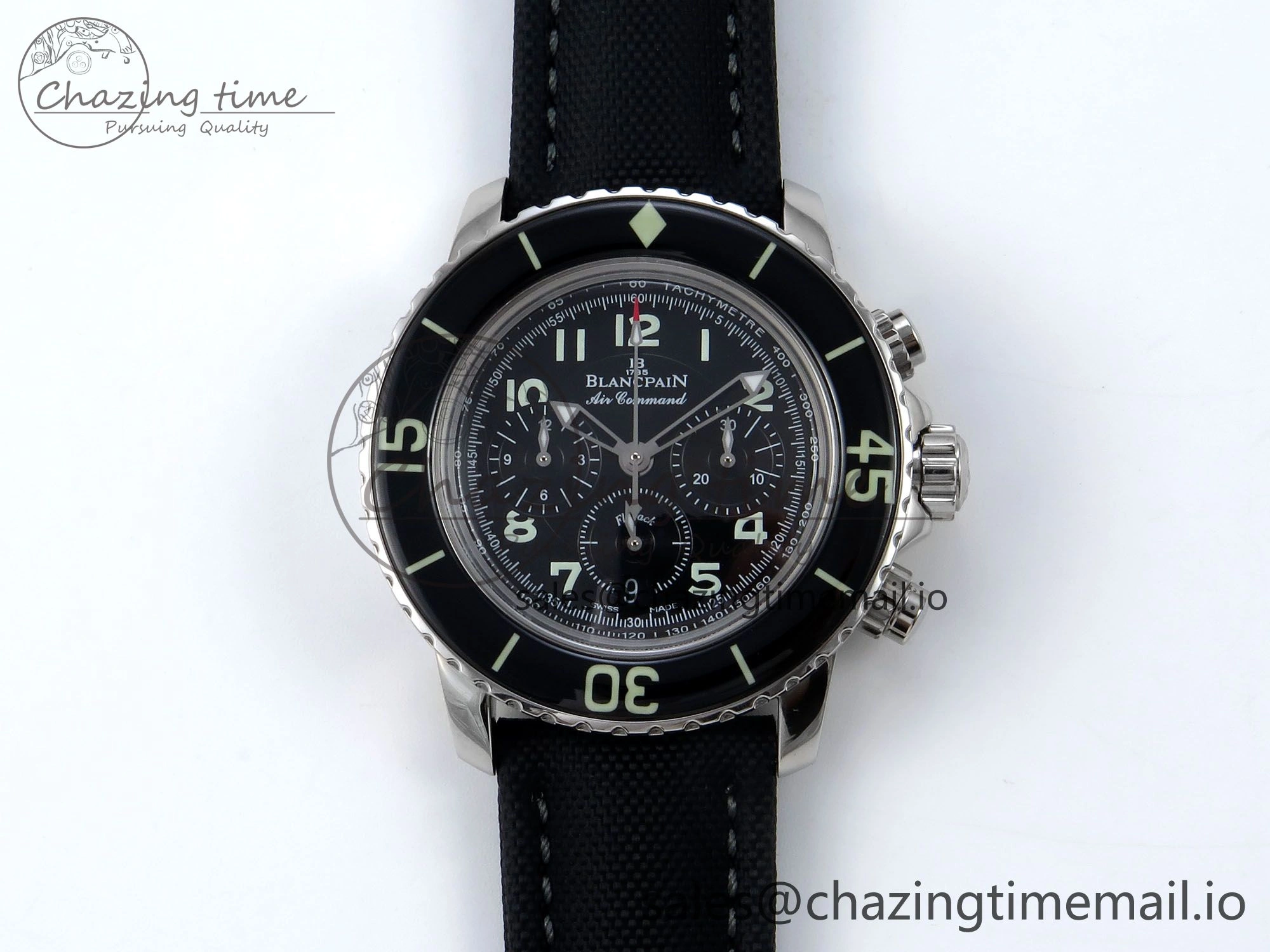Fifty Fathoms Chrono SS OMF 1:1 Best Edition Black Numeral Dial on Black Sail-canvas Strap A7750