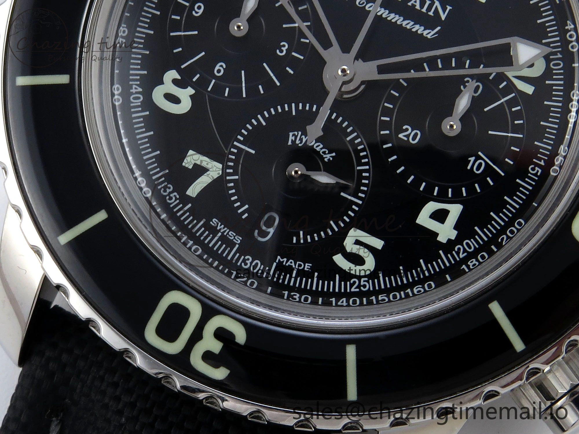 Fifty Fathoms Chrono SS OMF 1:1 Best Edition Black Numeral Dial on Black Sail-canvas Strap A7750
