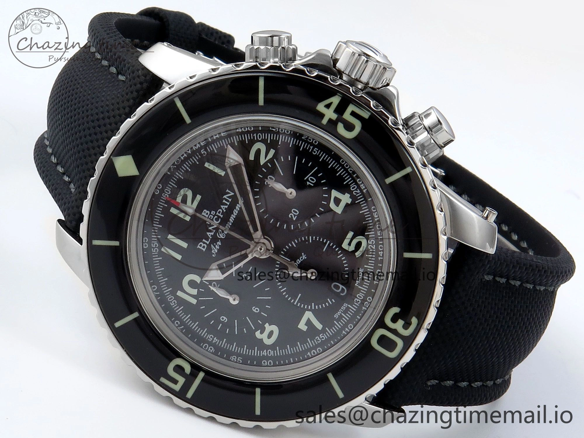Fifty Fathoms Chrono SS OMF 1:1 Best Edition Black Numeral Dial on Black Sail-canvas Strap A7750