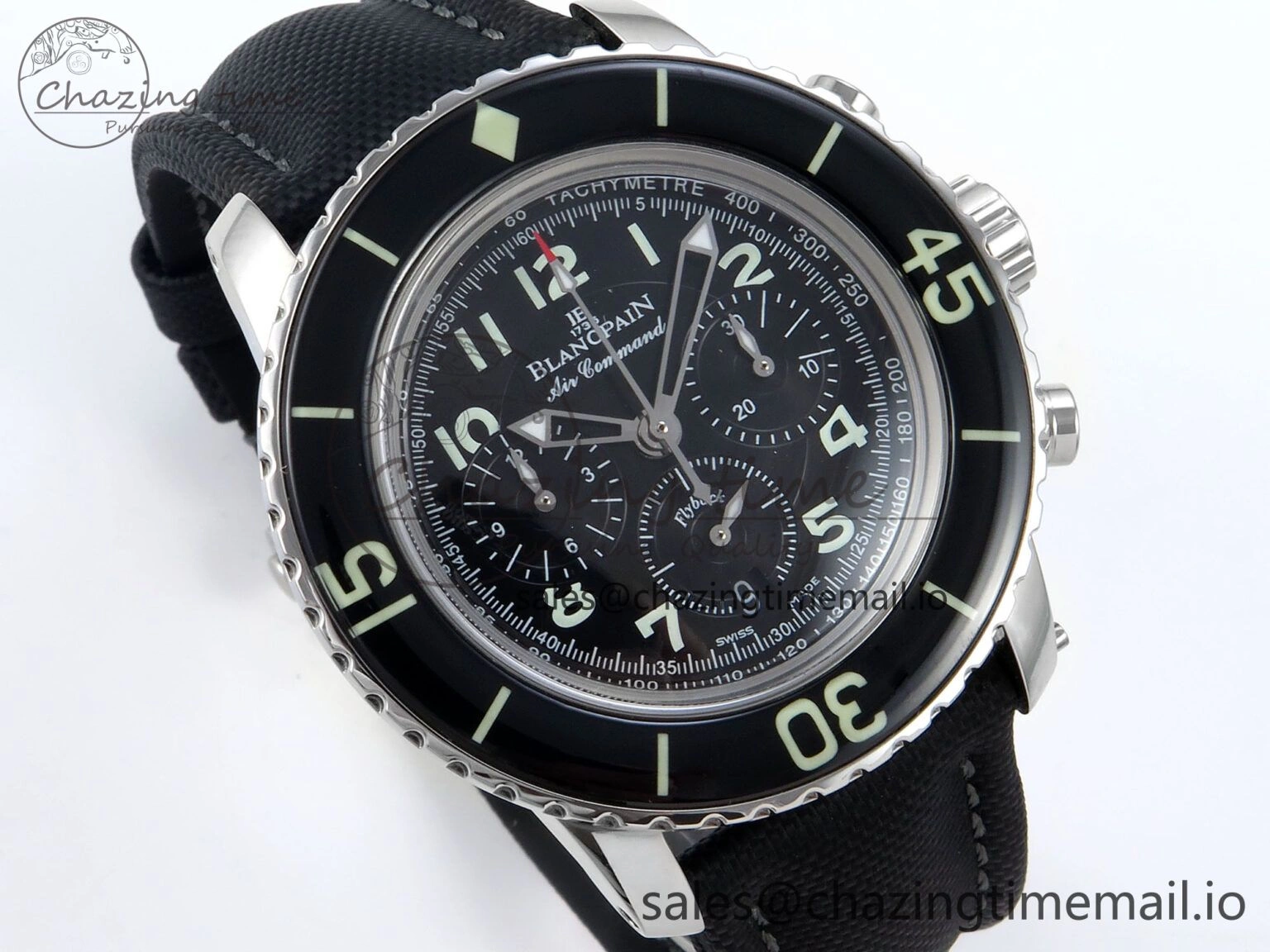 Fifty Fathoms Chrono SS OMF 1:1 Best Edition Black Numeral Dial on Black Sail-canvas Strap A7750