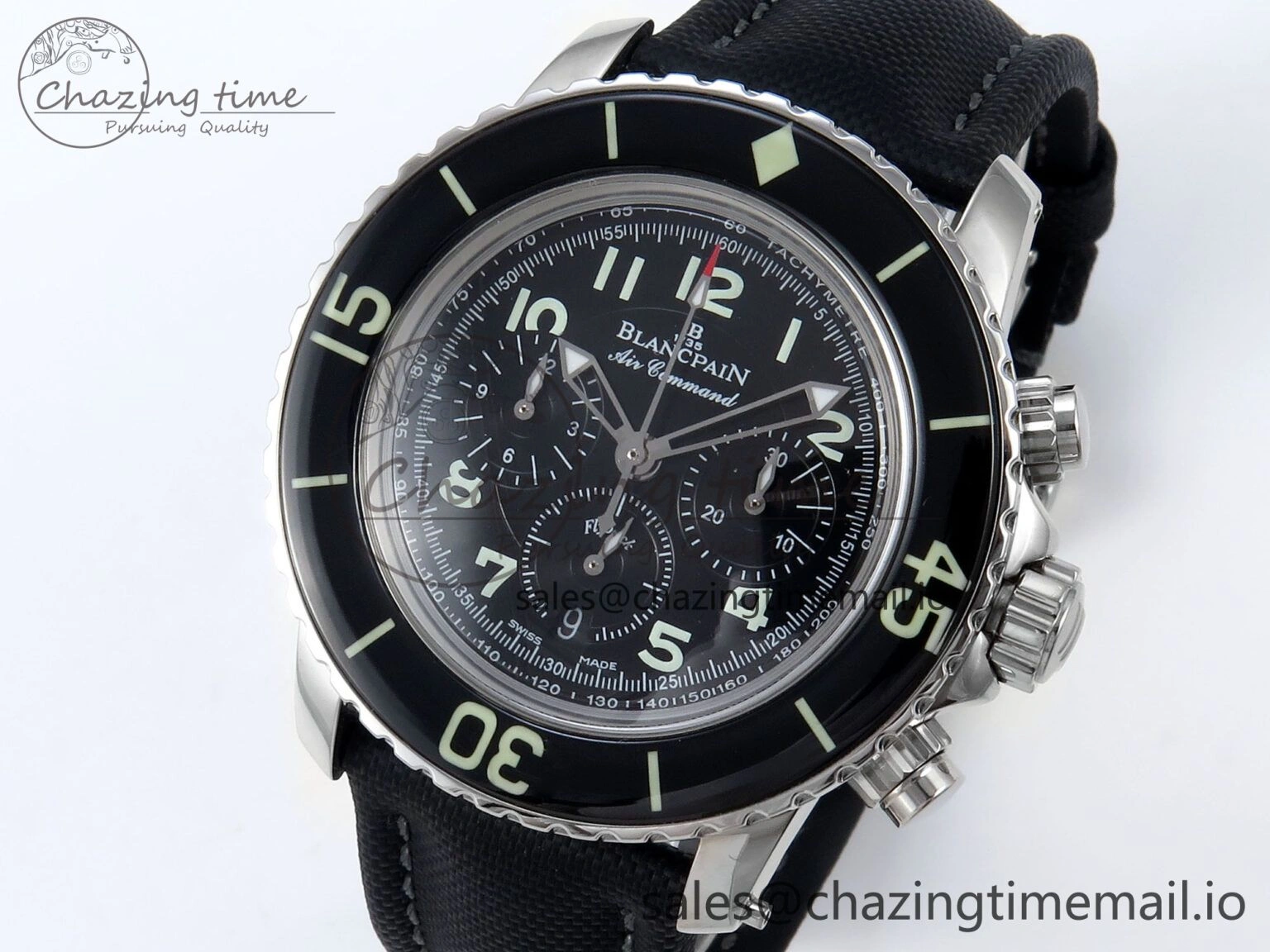 Fifty Fathoms Chrono SS OMF 1:1 Best Edition Black Numeral Dial on Black Sail-canvas Strap A7750