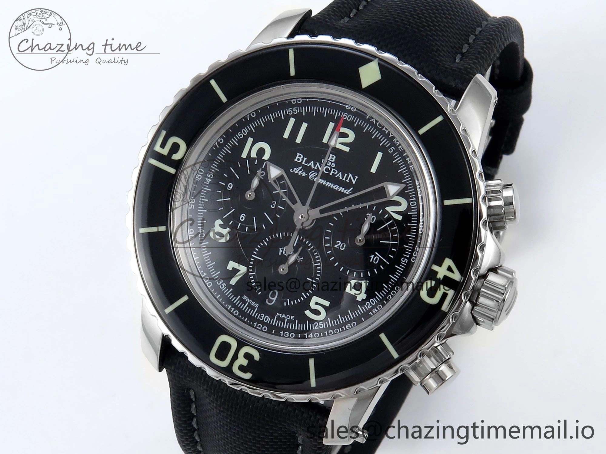 Fifty Fathoms Chrono SS OMF 1:1 Best Edition Black Numeral Dial on Black Sail-canvas Strap A7750
