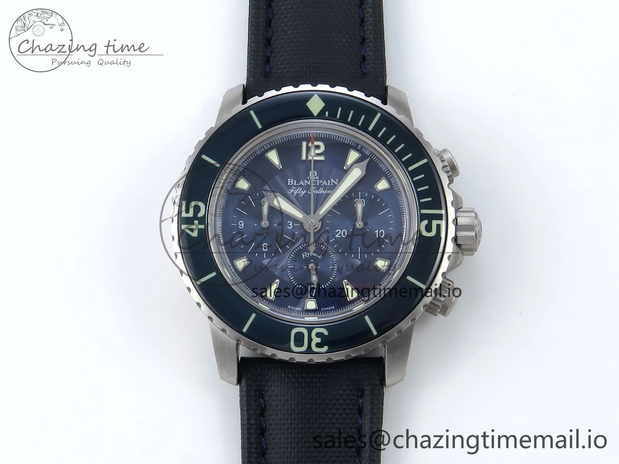 Fifty Fathoms Chrono SS OMF 1:1 Best Edition Blue Dial on Blue Sail-canvas Strap A7750