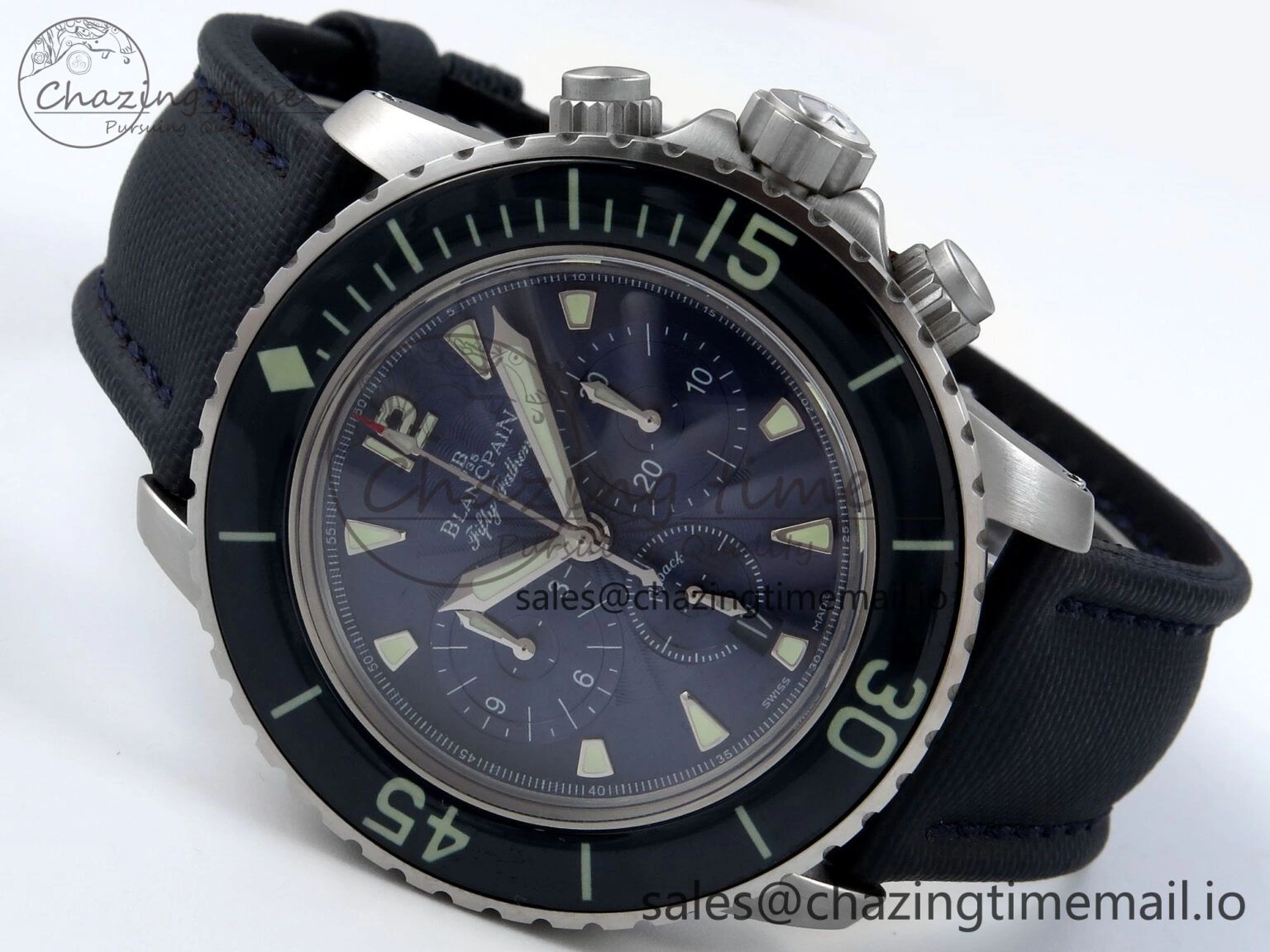 Fifty Fathoms Chrono SS OMF 1:1 Best Edition Blue Dial on Blue Sail-canvas Strap A7750