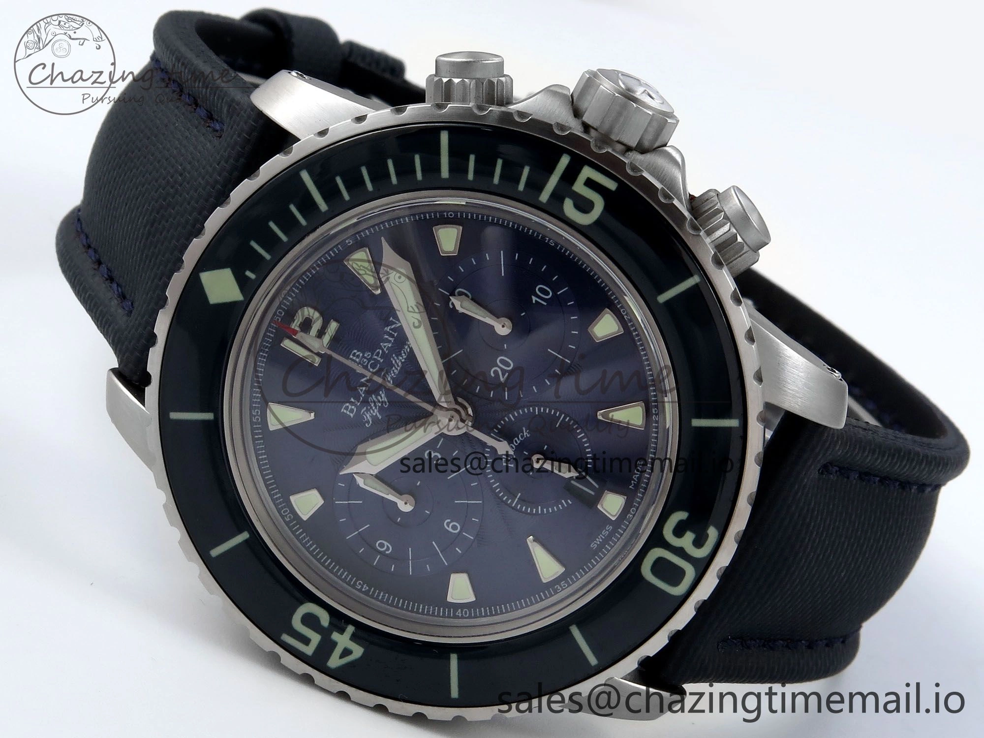 Fifty Fathoms Chrono SS OMF 1:1 Best Edition Blue Dial on Blue Sail-canvas Strap A7750
