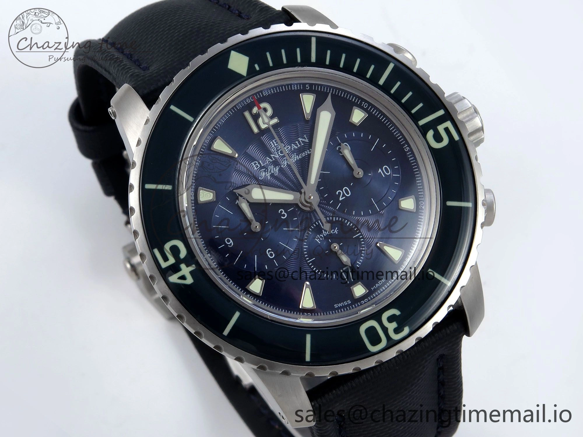 Fifty Fathoms Chrono SS OMF 1:1 Best Edition Blue Dial on Blue Sail-canvas Strap A7750