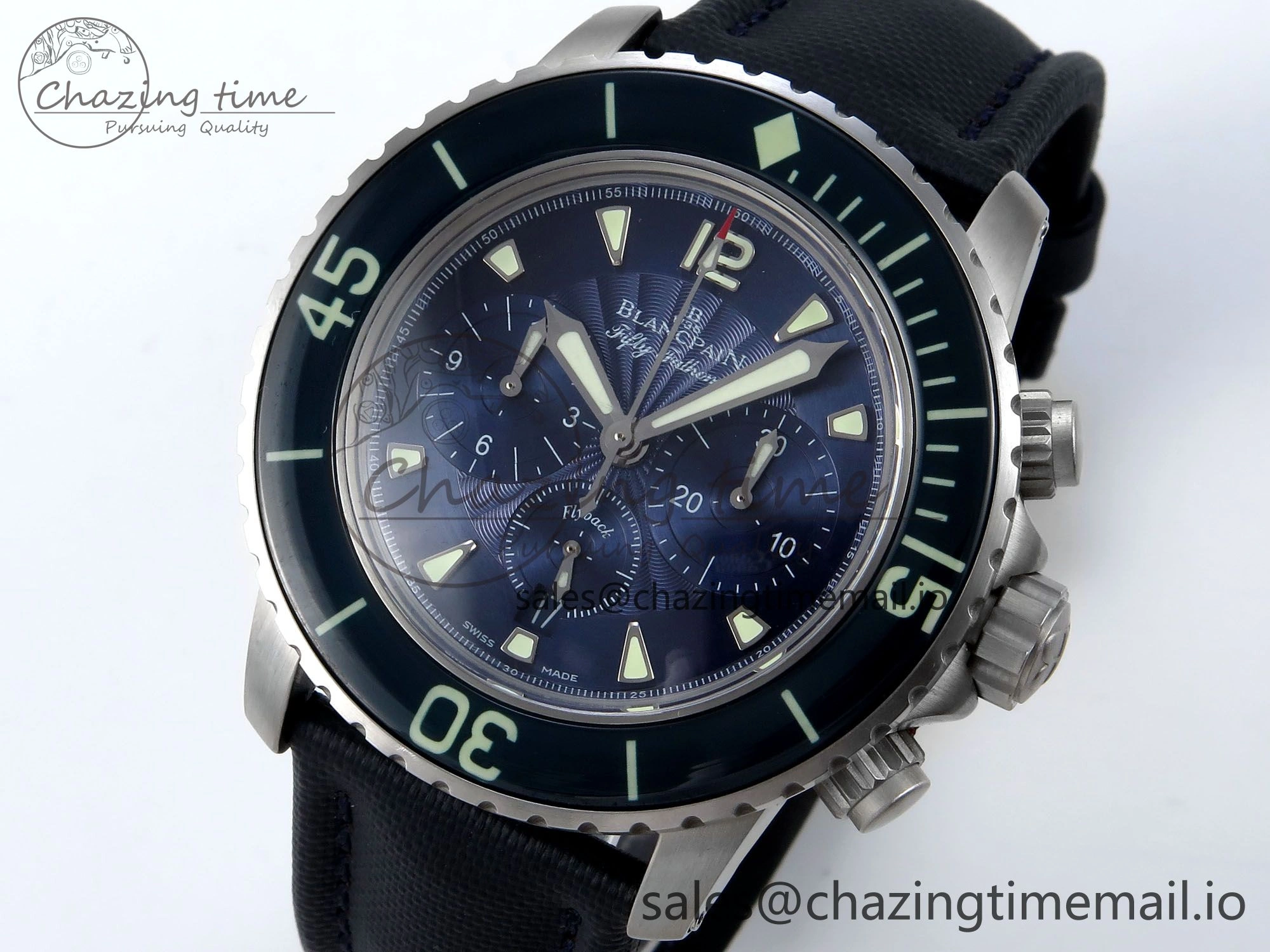 Fifty Fathoms Chrono SS OMF 1:1 Best Edition Blue Dial on Blue Sail-canvas Strap A7750