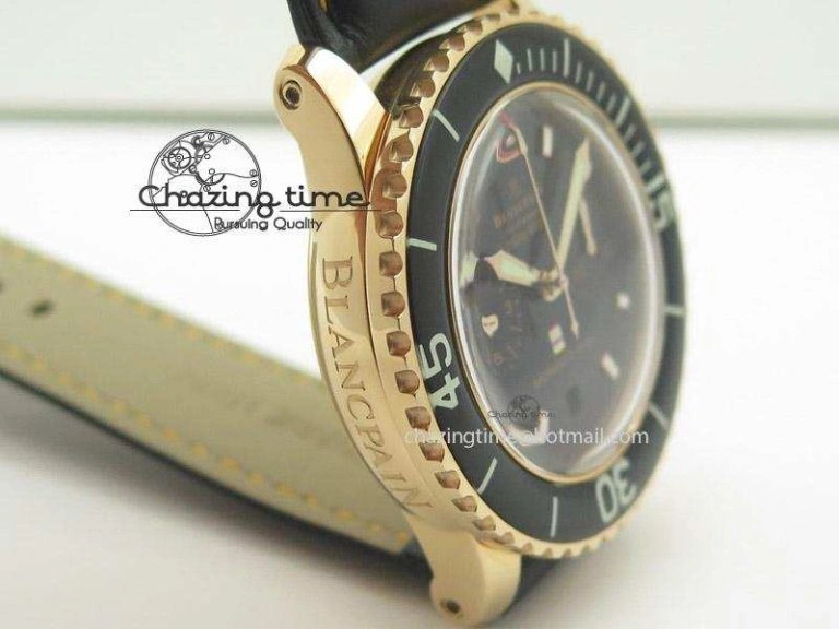 Fifty Fathoms Chronograph Monaco RG Black Dial On Black Leather Strap A7750