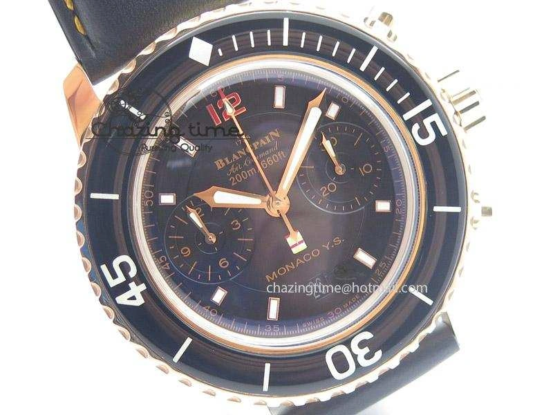 Fifty Fathoms Chronograph Monaco RG Black Dial On Black Leather Strap A7750