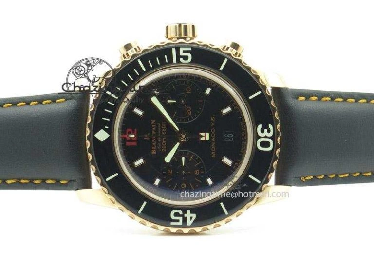 Fifty Fathoms Chronograph Monaco RG Black Dial On Black Leather Strap A7750